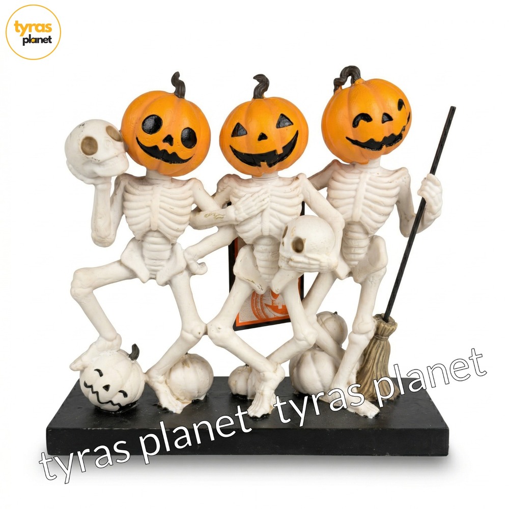 Hallow Home Halloween Skeleton Pumpkin Heads Dancing Trio Figurine Statue 8"